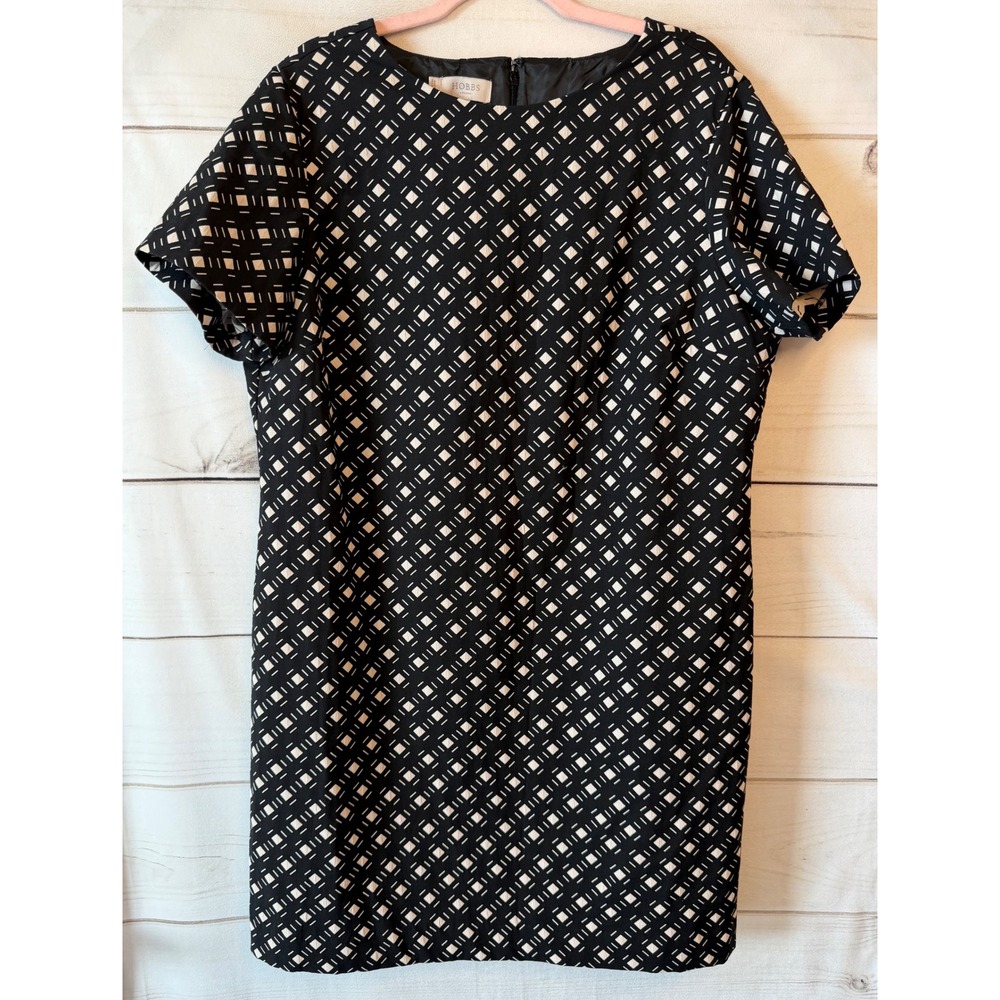 Hobbs London Black White Geometric Diamond Shift Dress Womens 14 Short Sleeve